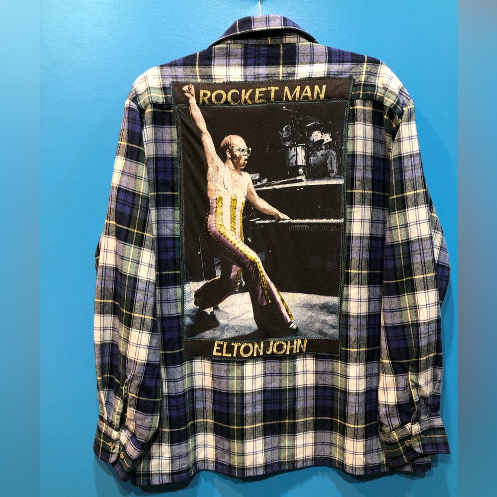 Handmade shacket ROCKET MAN mens XL upcycled wearable art PTP 25”